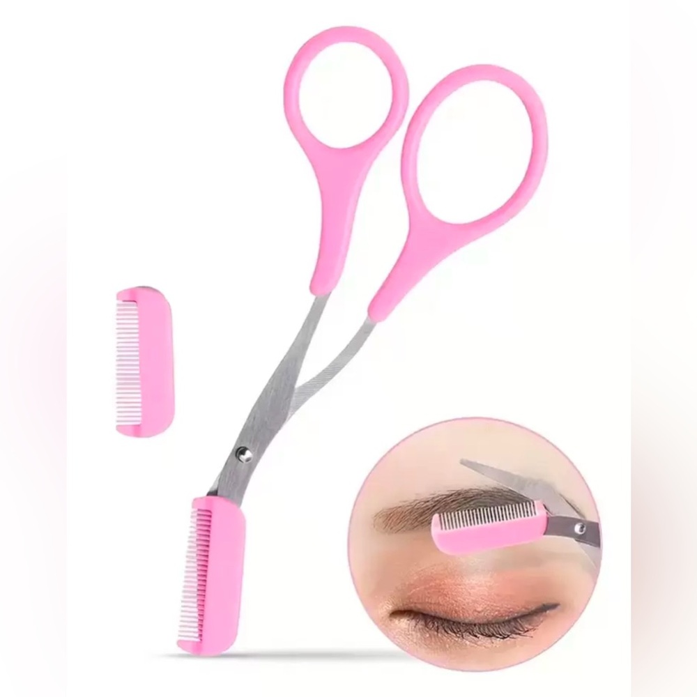 Pink Stainless Steel Eyebrow Scissors with Comb Attachment